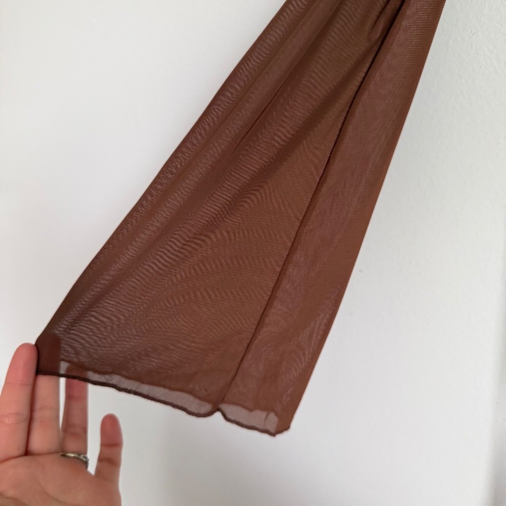 Brown Sheer Mesh Ruched Off Shoulder Long Sleeve Crop Top Halter Tie - Picture 3 of 7
